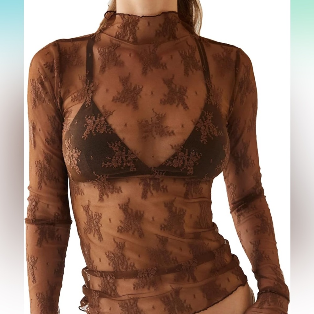 Brown Long Sleeve Lace Mesh Top